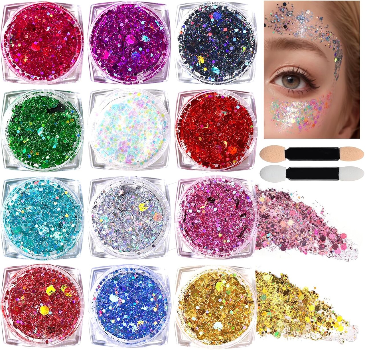 12-Color Body & Face Glitter Gel Set – Festival Makeup Glitter for Hair, Body, Nails & Raves | Long-Lasting Holographic Chunky Gel for Parties, Concerts & Halloween (Multicolor)
